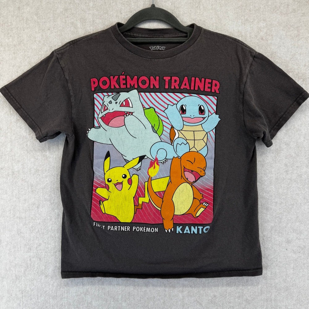 Pokemon Trainer Kids Shirt Kanto First Partner Pikachu Gray Tee Size L 10/12